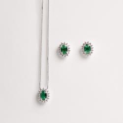 Conjunto brinco e colar zircônia oval esmeralda com cravejado 10mm 45cm