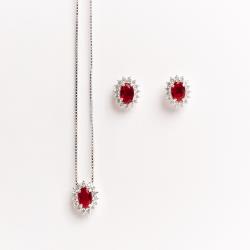 Conjunto brinco e colar zircônia oval rubi com cravejado 10mm 45cm