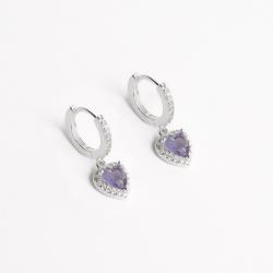 Argola click cravejada 11mm pingente zircônia coração lilás