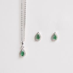 Conjunto brinco e colar zircônia gota esmeralda com cravejado 6mm corrente cadeadinho 40cm