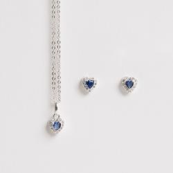 Conjunto brinco e colar zircônia coração safira com cravejado 6mm corrente cadeadinho 40cm