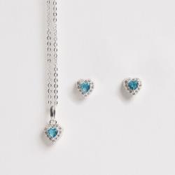 Conjunto brinco e colar zircônia coração azul com cravejado 6mm corrente cadeadinho 40cm