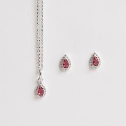 Conjunto brinco e colar zircônia gota rubi com cravejado 6mm corrente cadeadinho 40cm