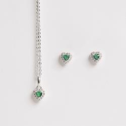Conjunto brinco e colar zircônia coração esmeralda com cravejado 6mm corrente cadeadinho 40cm