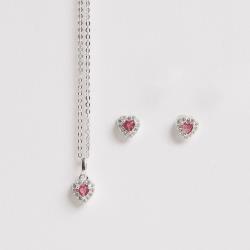 Conjunto brinco e colar zircônia coração rubi com cravejado 6mm corrente cadeadinho 40cm