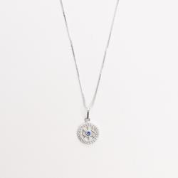 Colar pingente medalha olho cravejado com zircônia azul 12mm 45cm