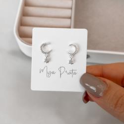 Brinco lua cravejada 8mm pingente estrela de Davi